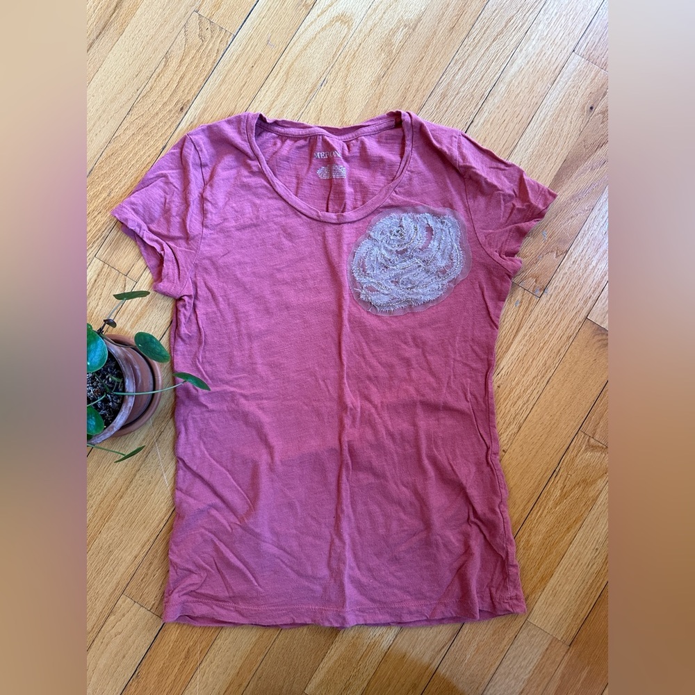 👚*3/$10 Merona Knit T-Shirt Tee Cap Sleeves Women’s XS Cotton Pink Decorative